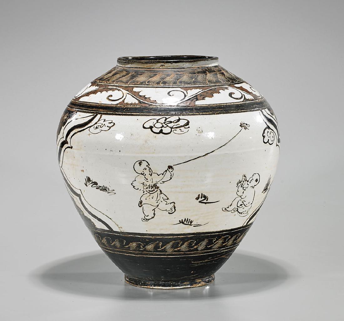 Large Chinese Cizhou Glazed Jar: Large Chinese Yuan-style cizhou glazed jar; Provenance: Private collection, Beverly Hills; H: 12 1/2" (approx.)