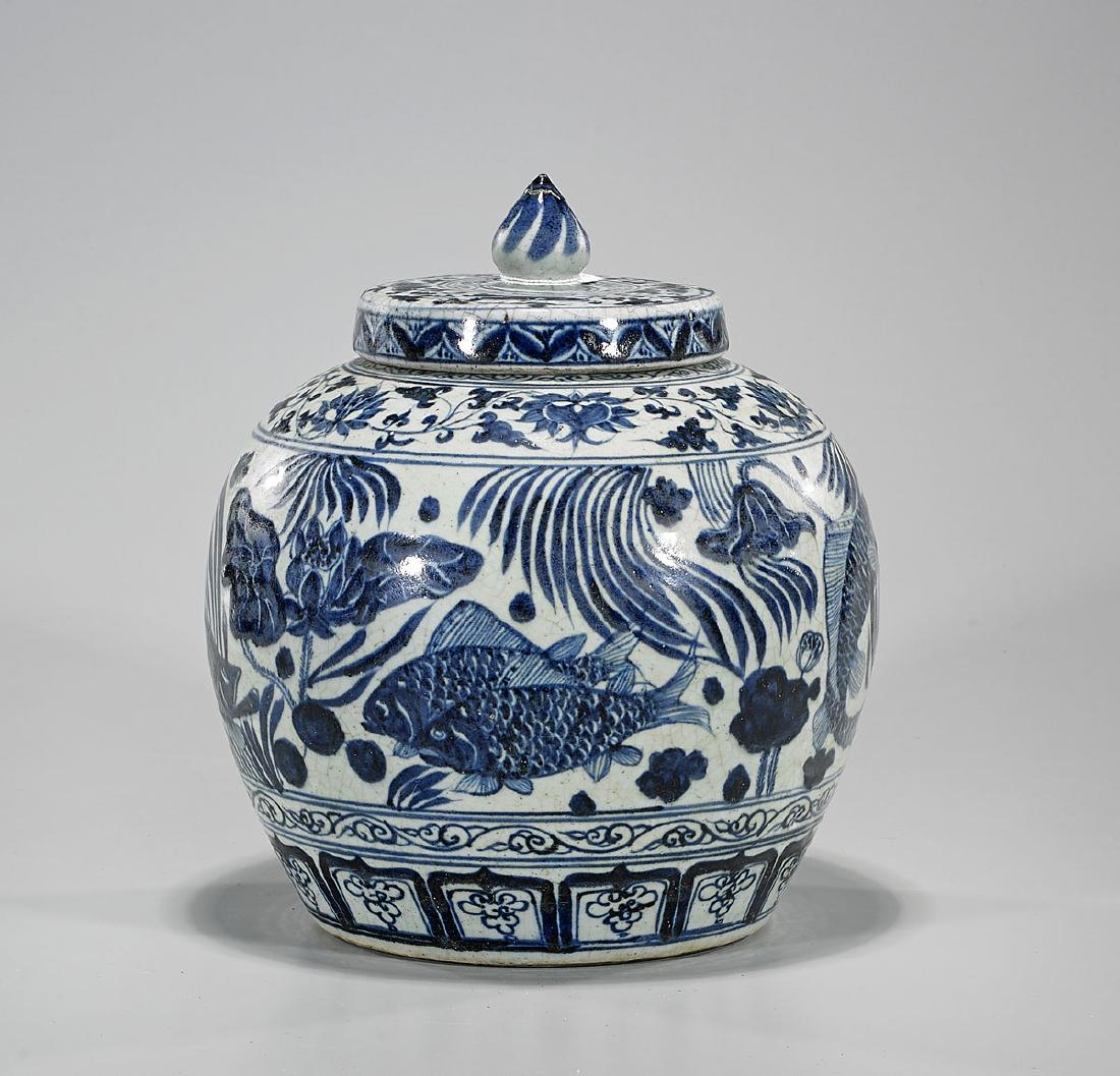 Chinese Yuan-Style Blue & White Porcelain Covered Jar: Chinese Yuan-style blue and white porcelain covered jar; Provenance: Private collection, Beverly Hills; H: 11 1/2" (approx.)