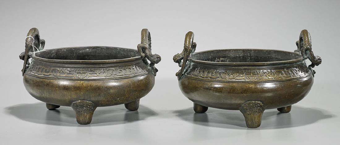 Pair Chinese Ming-Style Bronze Censers: Pair of Chinese Ming-style bronze censers; seal marks to bases; Provenance: Private collection, Beverly Hills; L: 15" (each, approx.)