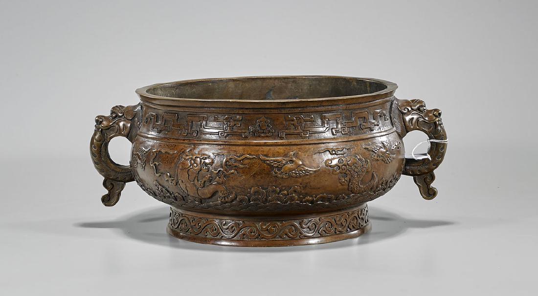 Chinese Ming-Style Bronze Censer: Chinese Ming-style bronze censer; Provenance: Private collection, Beverly Hills; L: 15" (approx.)