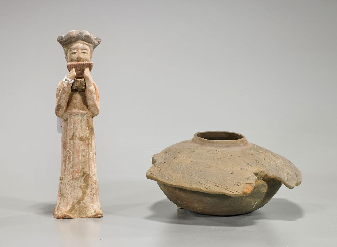 Two Chinese Pottery Pieces: Two Chinese pottery pieces: figure; together with vessel; Provenance: Private collection, Beverly Hills; H: 9 1/2" (tallest, approx.)