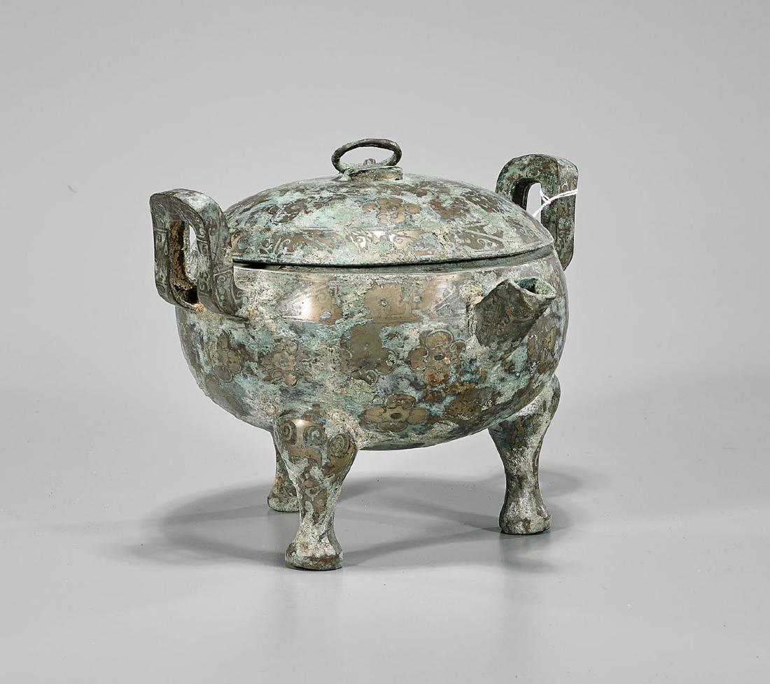 Archaistic Chinese Inlaid Bronze Ewer: Archaistic Chinese inlaid bronze covered ewer; Provenance: Private collection, Beverly Hills; L: 8 1/2" (approx.)