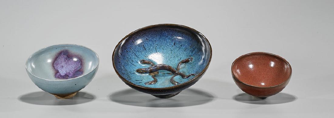 Three Chinese Song-Style Ceramic Bowls: Three Chinese Song-style ceramic bowls; Provenance: Private collection, Beverly Hills; D: 8 1/2" (widest, approx.)