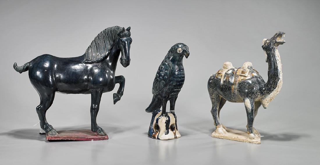 Three Chinese Tang-Style Blue-Glazed Animals: Three Chinese Tang-style blue-glazed animals: horse; parrot; together with camel; Provenance: Private collection, Beverly Hills; L: 11 1/2" (longest, approx.)
