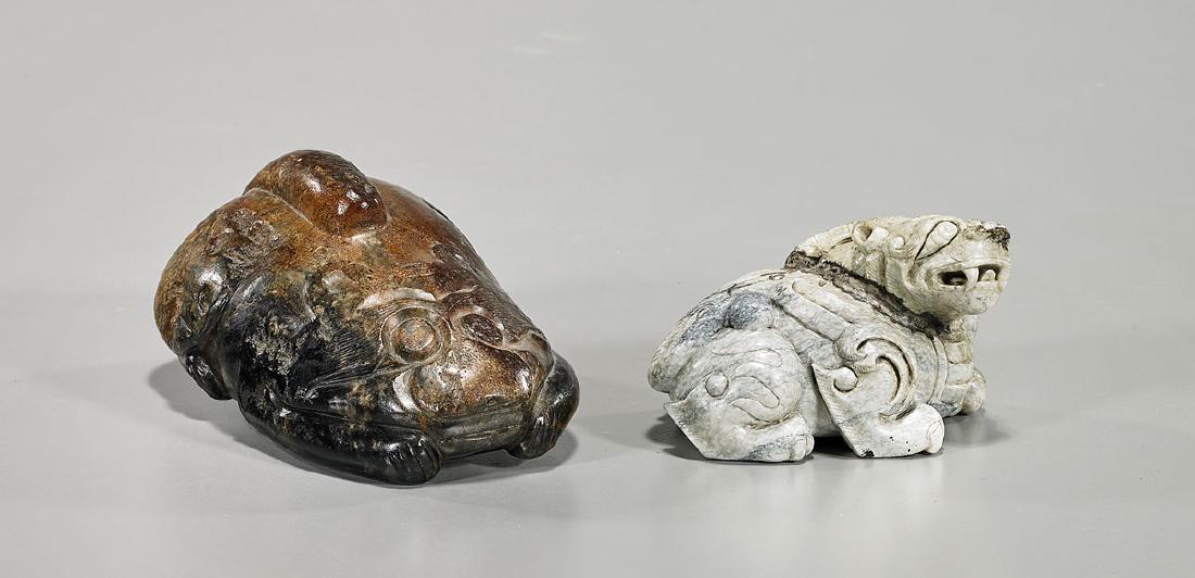 Two Archaistic Chinese Jade Or Hardstone Carvings: Two archaistic Chinese jade or hardstone animal-form carvings; Provenance: Private collection, Beverly Hills; L: 6 1/2" (longest, approx.)