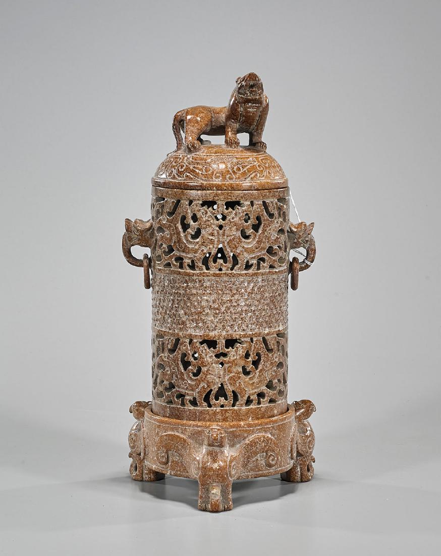 Elaborately Carved Chinese Hardstone Censer: Elaborately carved Chinese hardstone censer; Provenance: Private collection, Beverly Hills; H: 14 1/2" (approx.)