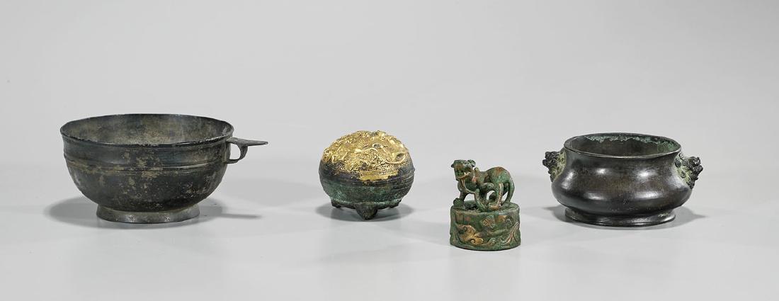 Four Various Chinese Bronzes: Four various Chinese bronzes: seal; box; censer; together with vessel; Provenance: Private collection, Beverly Hills; D: 5 1/2" (widest, approx.)