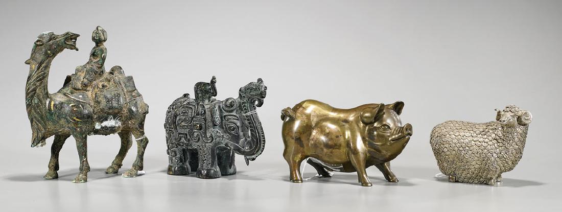 Four Various Chinese Metalwork Pieces: Four various Chinese metalwork pieces: pig; sheep, seal mark to base; elephant-form censer; together with camel with rider; Provenance: Private collection, Beverly Hills; H: 8 1/2" (tallest, a