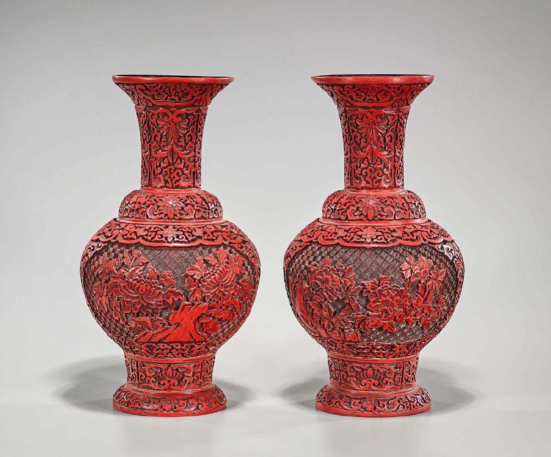 Pair Chinese Cinnabar-Like Vases: Pair of Chinese cinnabar-like vases; Provenance: Private collection, Beverly Hills; H: 14 1/2" (tallest, approx.)