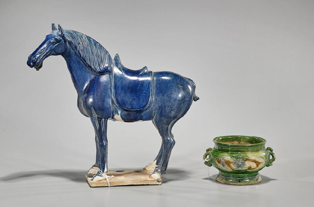 Two Chinese Tang-Style Glazed Ceramics: Two Chinese Tang-style glazed ceramics: horse; together with censer; Provenance: Private collection, Beverly Hills; H: 12 1/2" (tallest, approx.)