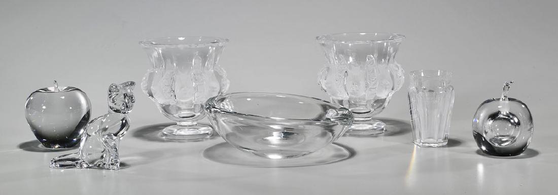 Group of Seven Glass Pieces: Group of seven glass pieces, including: Baccarat cat, signed to base; Baccarat glass for the Concorde, signed to base; Tiffany & Co. apple, signed to base; Kosta apple-form perfume bottle, signed to b