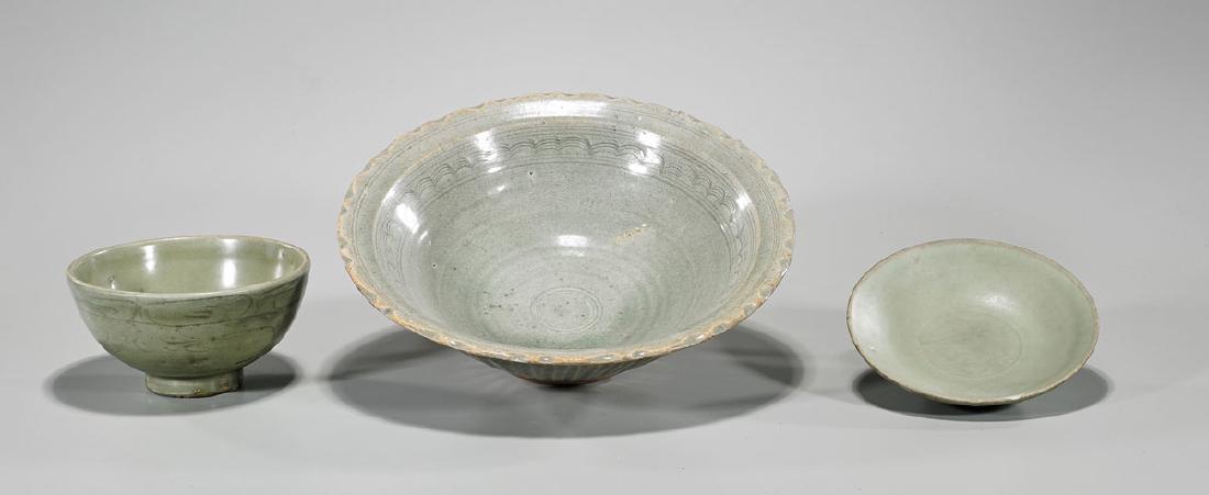 Three Antique Chinese & Southeast Asian Celadon Glazed: Three antique Chinese and Southeast Asian celadon glazed ceramics; Song and Ming Dynasties; Provenance: Collection of Dr. Robert Ramsey; D: 11" (widest, approx.)