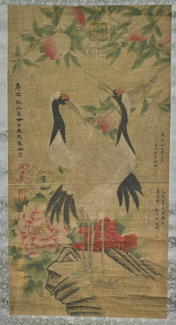 Group of Three Chinese Scrolls: Group of three Chinese ink and color on paper scrolls: two landscape scenes, one after Xiong Mengxiang, signed; together with birds amid peach and flora after Wang Yuanzhang, signed; each with seal ma