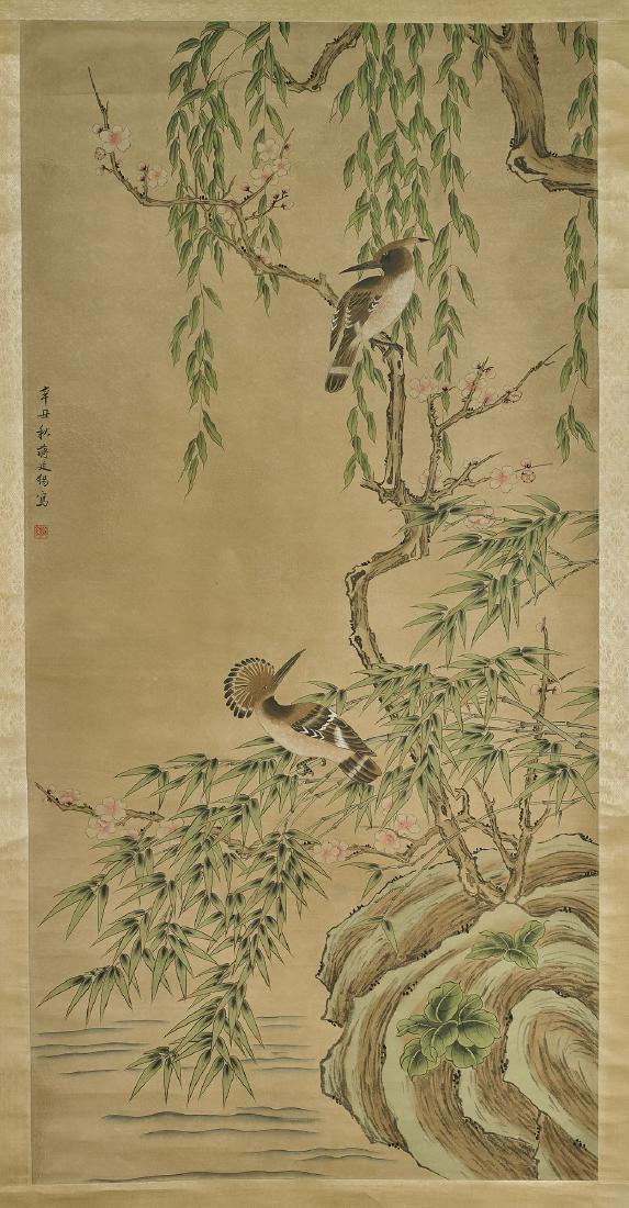 Group of Three Chinese Paper Scrolls: Group of three Chinese ink and color on paper scrolls; peacock after Wu Bing; birds perched atop branch after Jiang Yanxi; together with monkeys after Li Di; each signed, with seal marks; 49" x 25