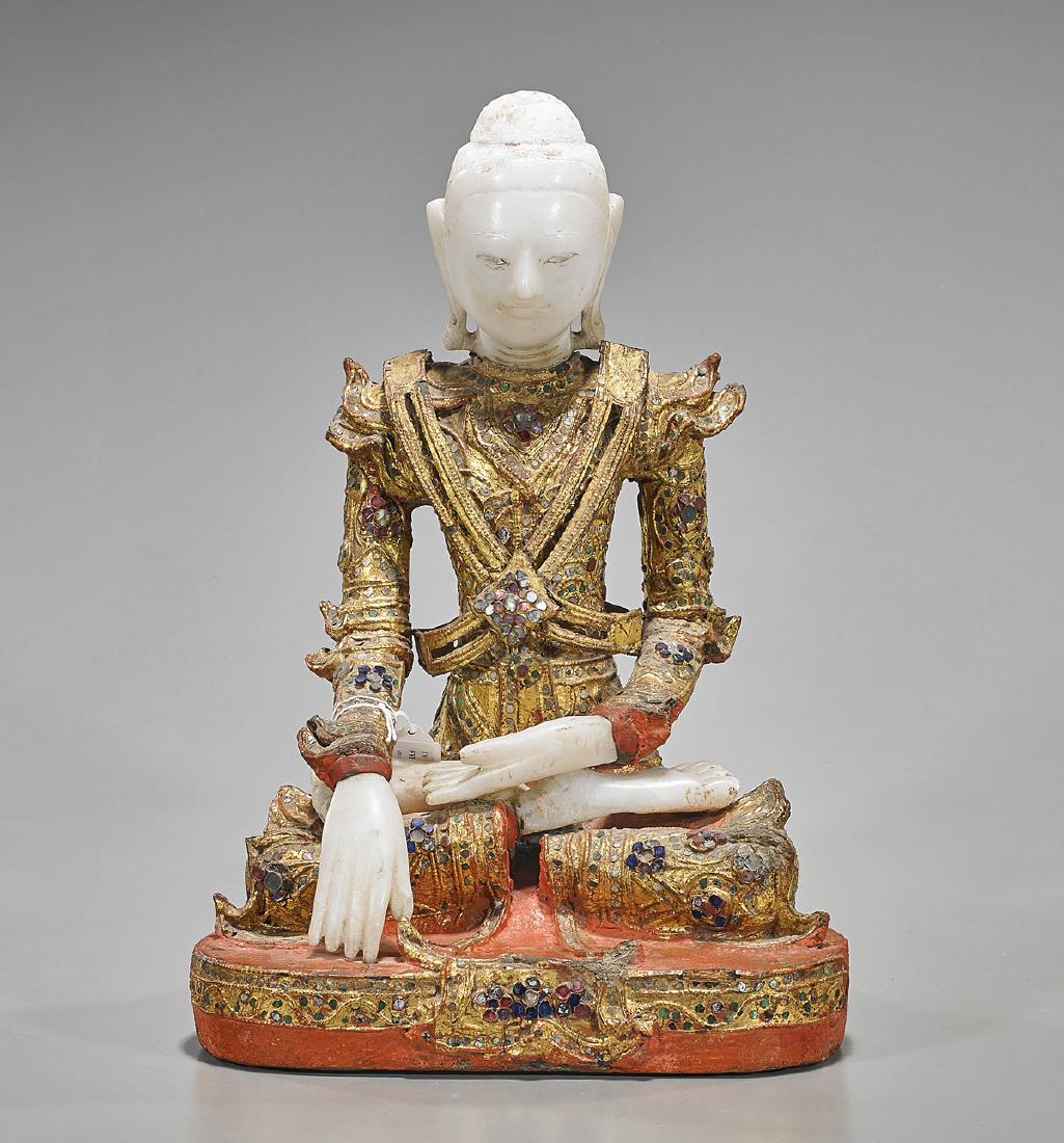 Thai Marble, Gilt & Polychrome Wood Seated Buddha: Thai marble, gilt and polychrome wood seated Buddha; Provenance: Estate of Rafael de Marchena-Huyke; H: 14" (approx.)