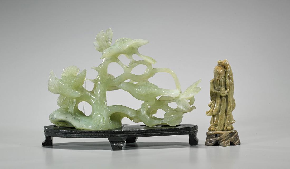 Two Chinese Carvings: Two Chinese carvings: soapstone Shoulao; together with bowenite bird group, wood stand; Provenance: Collection of Jack & Sheila Clarke; L: 10 1/2" (longest, approx.)