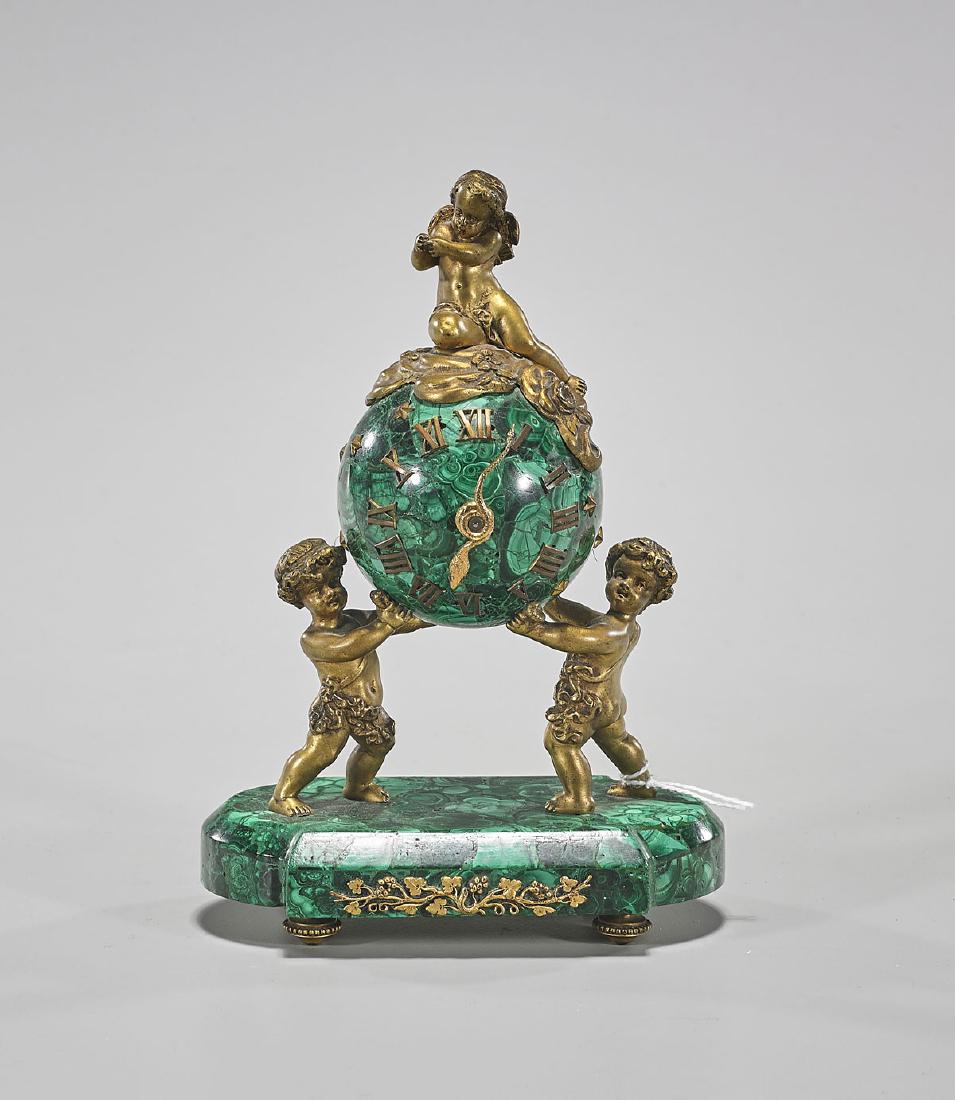Gilt Bronze & Malachite Desk Clock: Gilt bronze and malachite desk clock; Provenance: Estate of Rafael de Marchena-Huyke; H: 7 1/2" (approx.)