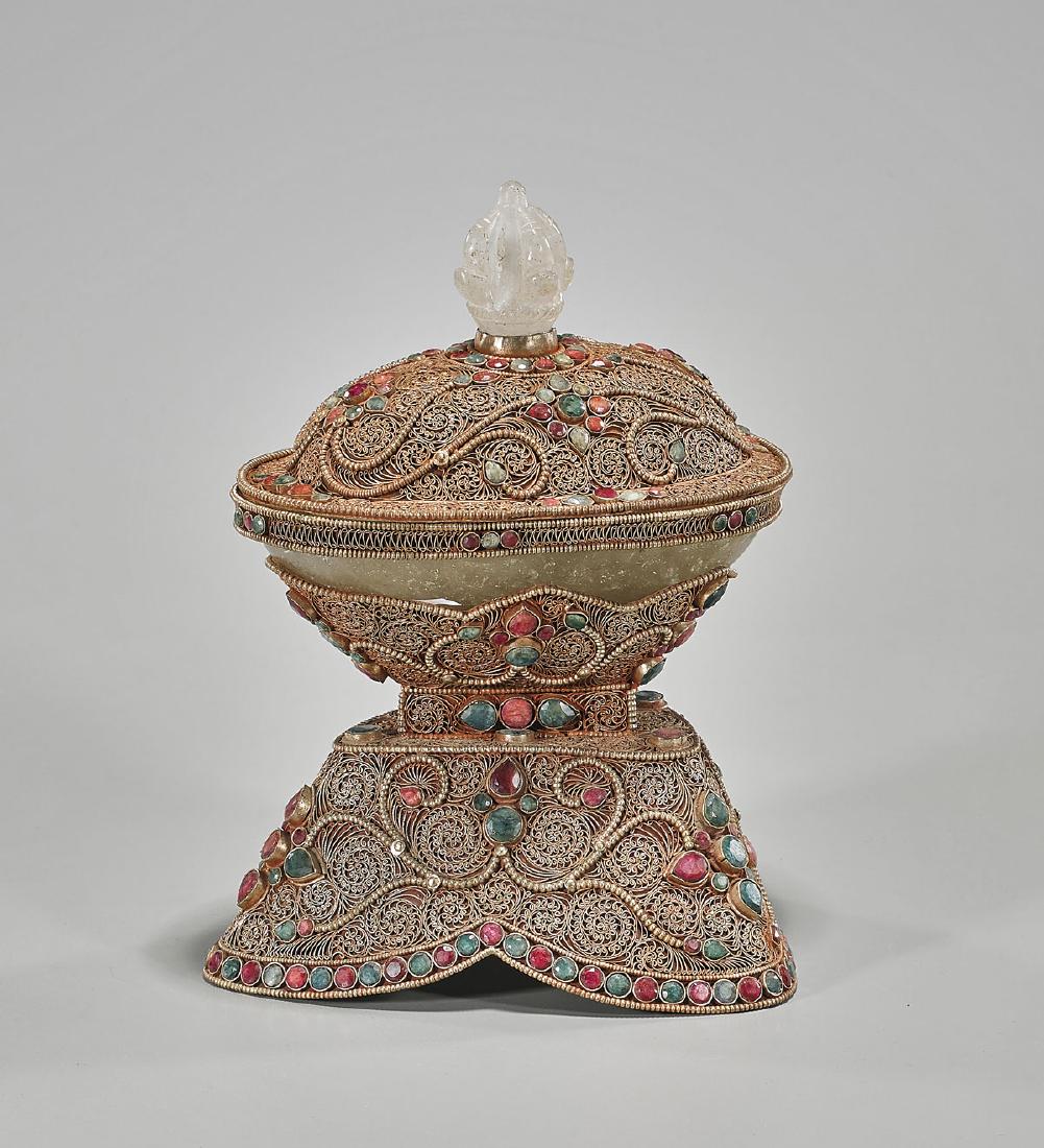 Nepalese Rock Crystal & Filigree Metal Kapala: Nepalese rock crystal and filigree metal kapala; inset with pink and green semi-precious stones; H: 9 3/4" (approx.)