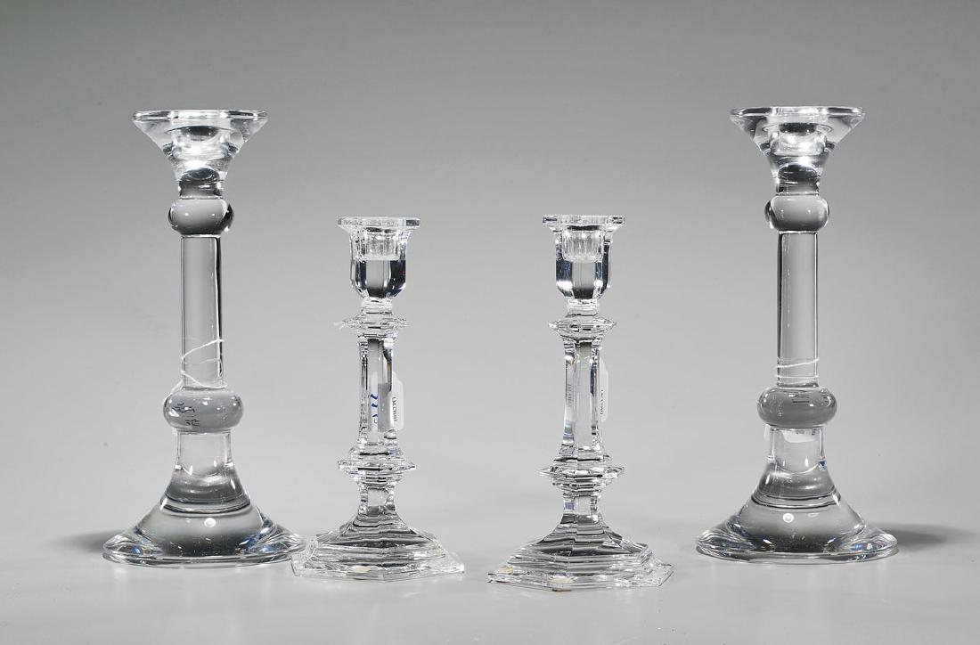 Two Pairs Glass Candlesticks: Two pairs of glass candlesticks: pair of Baccarat; together with a pair of Val St. Lambert; each marked to base; Provenance: Estate of Rafael de Marchena-Huyke; H: 10 1/4" (tallest, approx.