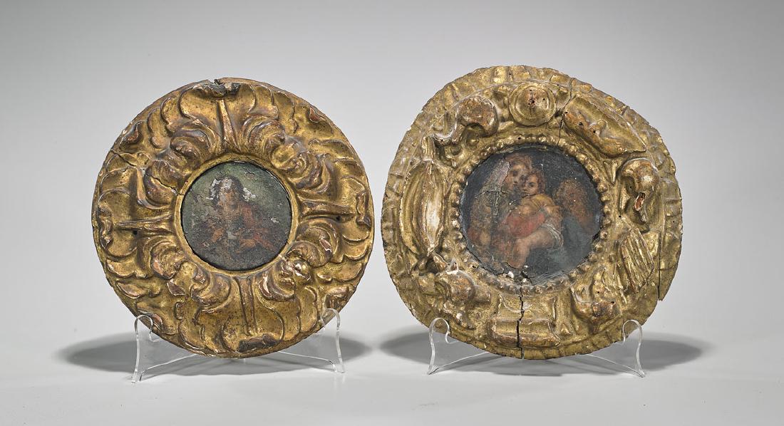 Pair Antique Continental Paintings on Wood: Pair of antique Continental figural paintings on wood; Provenance: Estate of Rafael de Marchena-Huyke; D: 5" (widest, approx.); each in gilt wood frames