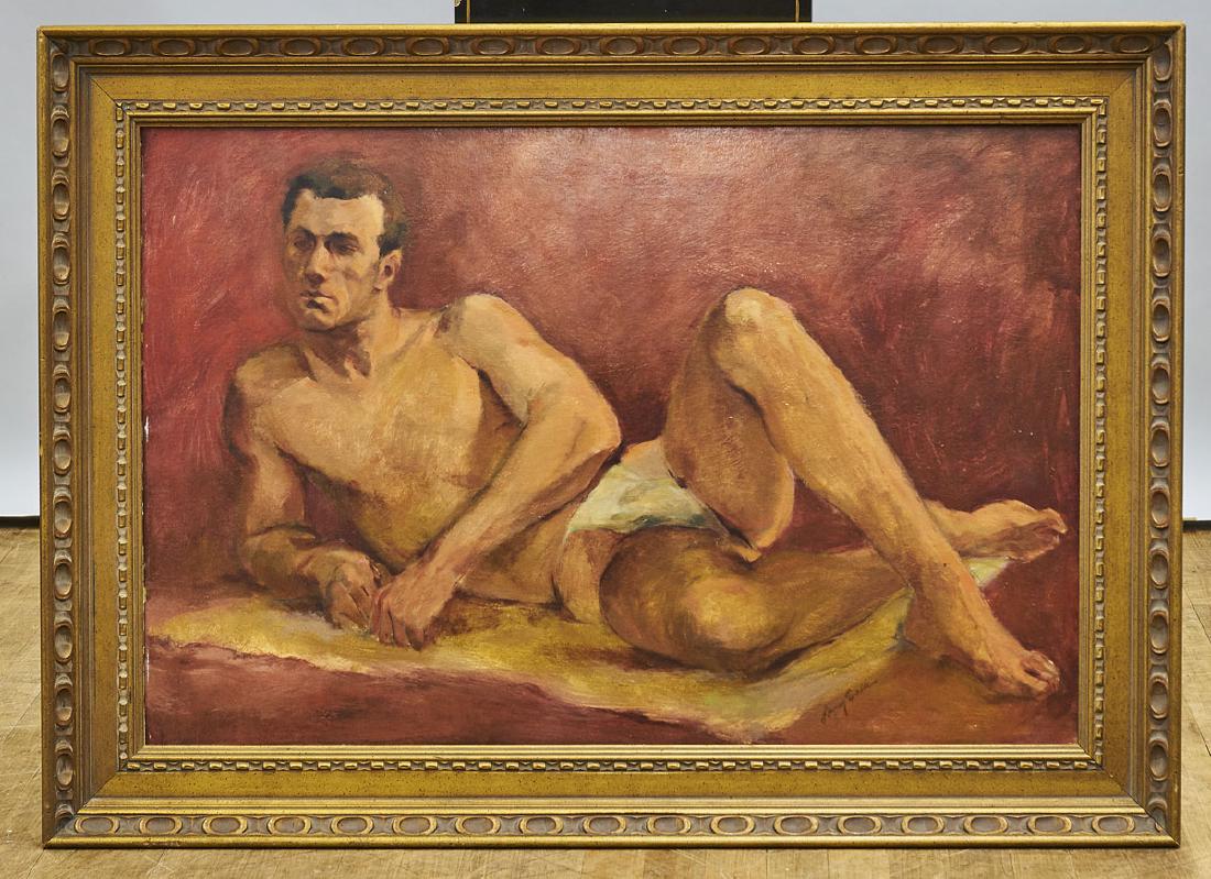 Oil Painting By Larry Salk: oil on board portrait by Larry Salk (American, 1936-2004); of an impressionist-style reclining male reserved on a red ground; signed to lower right with dedication to verso; Provenance: Estate