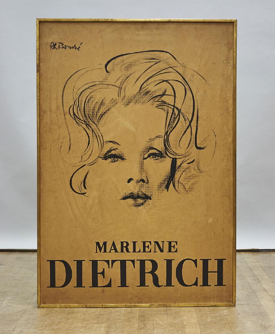 Marlene Dietrich Poster: Marlene Dietrich poster; signed RR Bombe in print; Provenance: Estate of Rafael de Marchena-Huyke; 46" x 31 1/2" (sight, approx.); framed