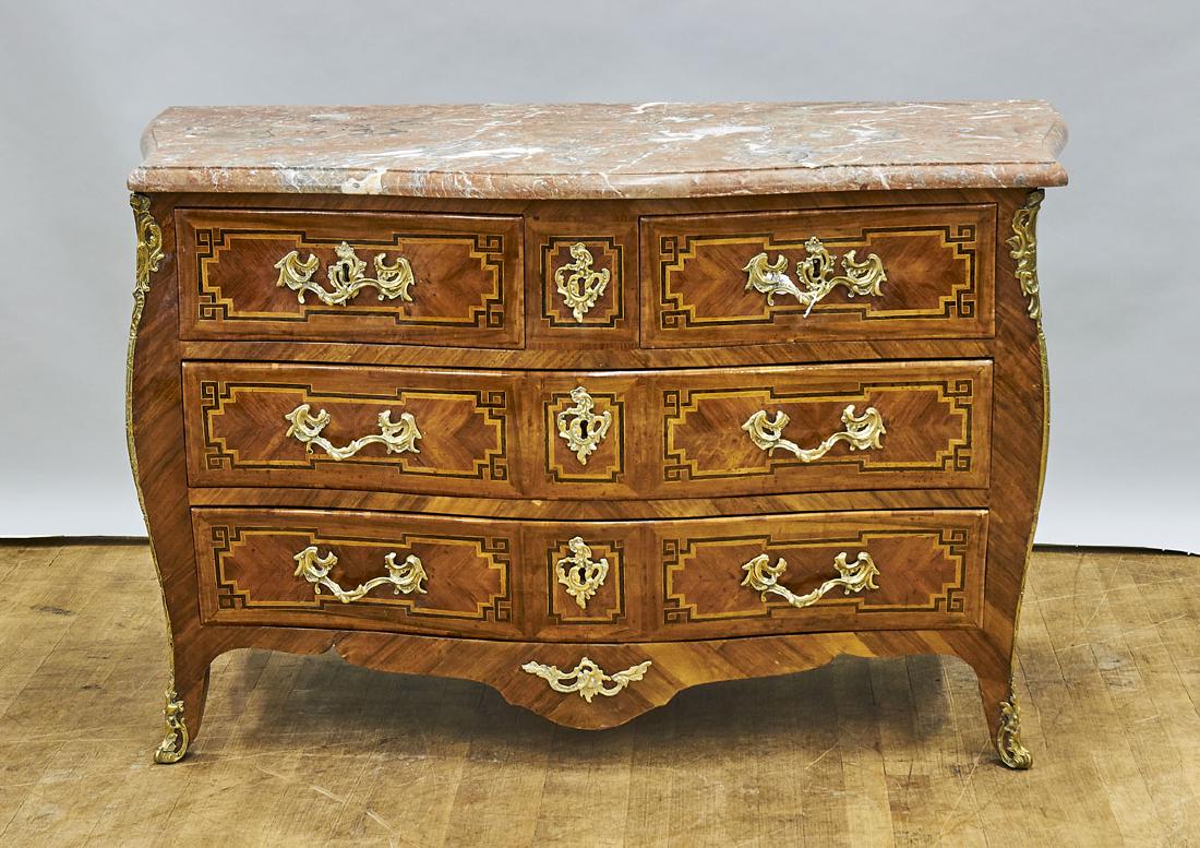 Old Marble-Topped Ormolu-Mounted Wood Commode: Old marble-topped ormolu-mounted wood commode; comprising three drawers, showing parquetry designs, with metal fittings; Provenance: Estate of Rafael de Marchena-Huyke; 33" x 49" x 22" 