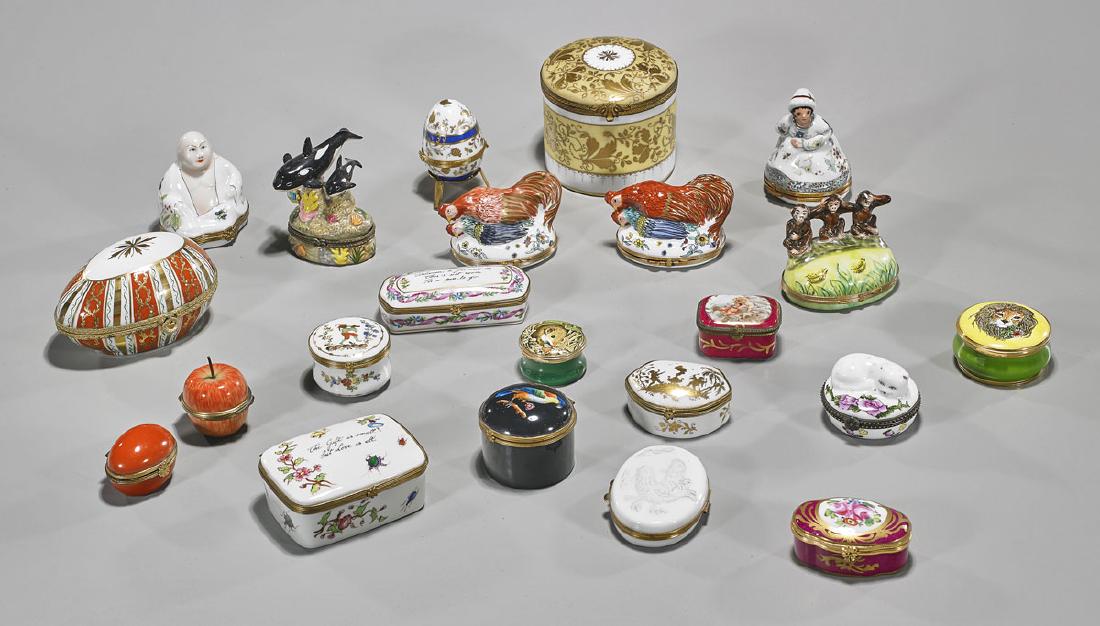Collection of Painted Porcelain Boxes: Collection of 22 painted porcelain boxes; all metal-mounted; by various makers, including: Bilston and Battersea; Limoges; Tiffany & Co.; and others; Provenance: Estate of Rafael de Marchena-Huyke; L: