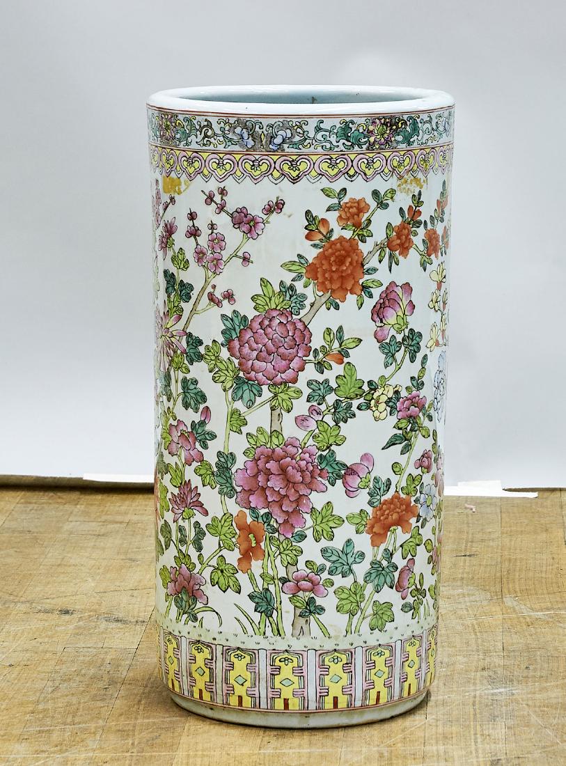 Chinese Enameled Porcelain Umbrella Stand: Chinese enameled porcelain umbrella stand; Provenance: Estate of Rafael de Marchena-Huyke; H: 17 1/2" (approx.)