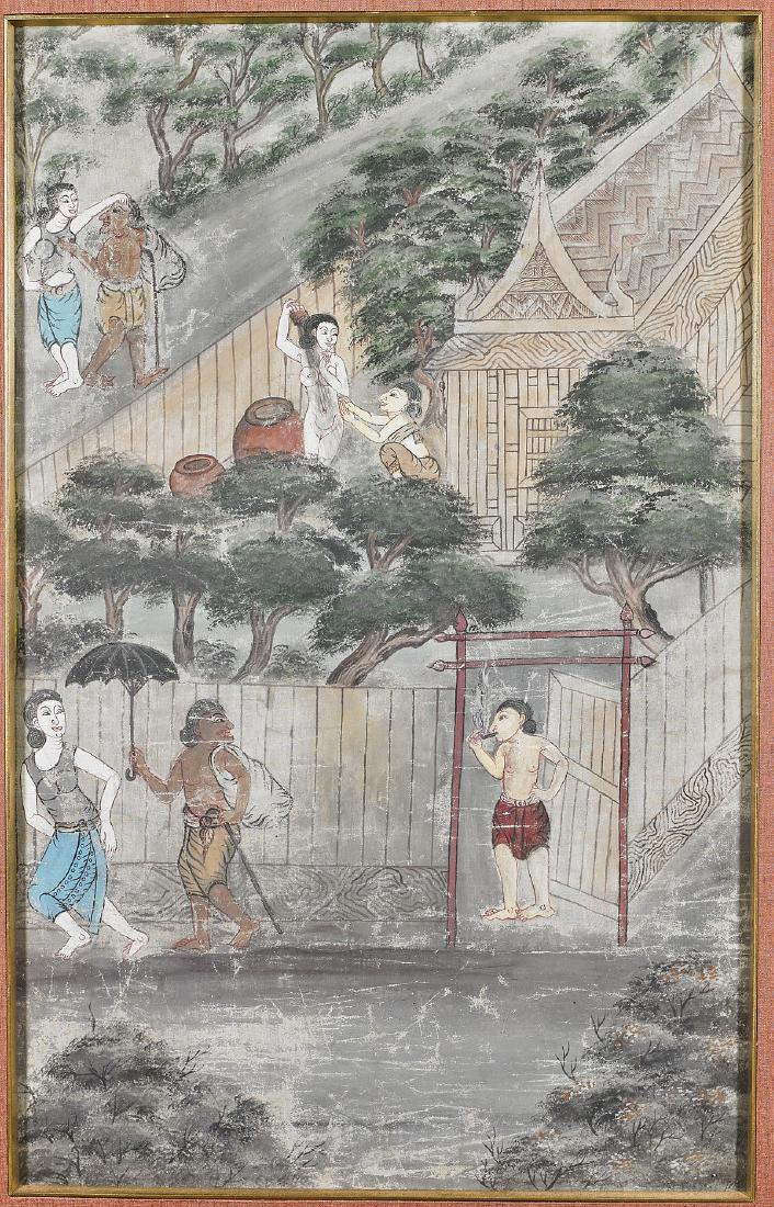 Antique Indonesian Painting: Antique Indonesian painting; showing a figural scene within an architectural setting; 29" x 18 1/4" (sight, approx.) framed