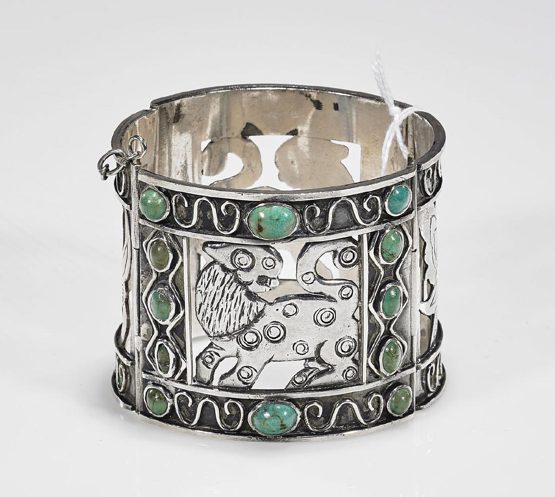 Mexican Sterling Silver & Turquoise Bracelet: Mexican sterling silver and turquoise bracelet by Casa Prieto; signed and stamped 925 to underside; gross weight, including turquoise, approx. 4.01 troy oz.; Provenance: Estate of Randy Melson; D: 2 3