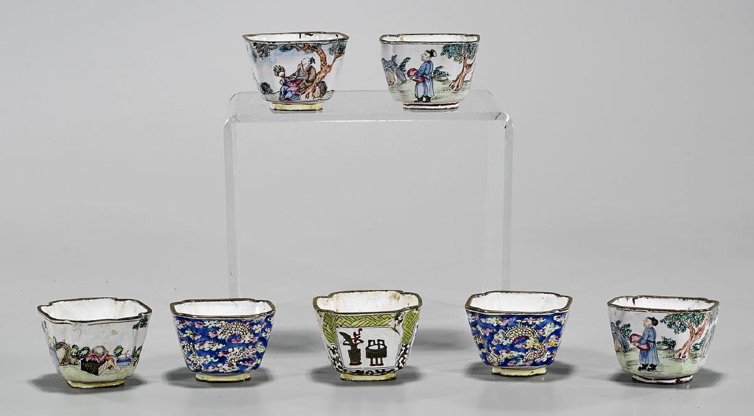 Group of Seven Antique Chinese Enamel on Copper Wine: Group of seven antique Chinese enamel on copper wine cups; L: 1 3/4" (each, approx.); in wood box