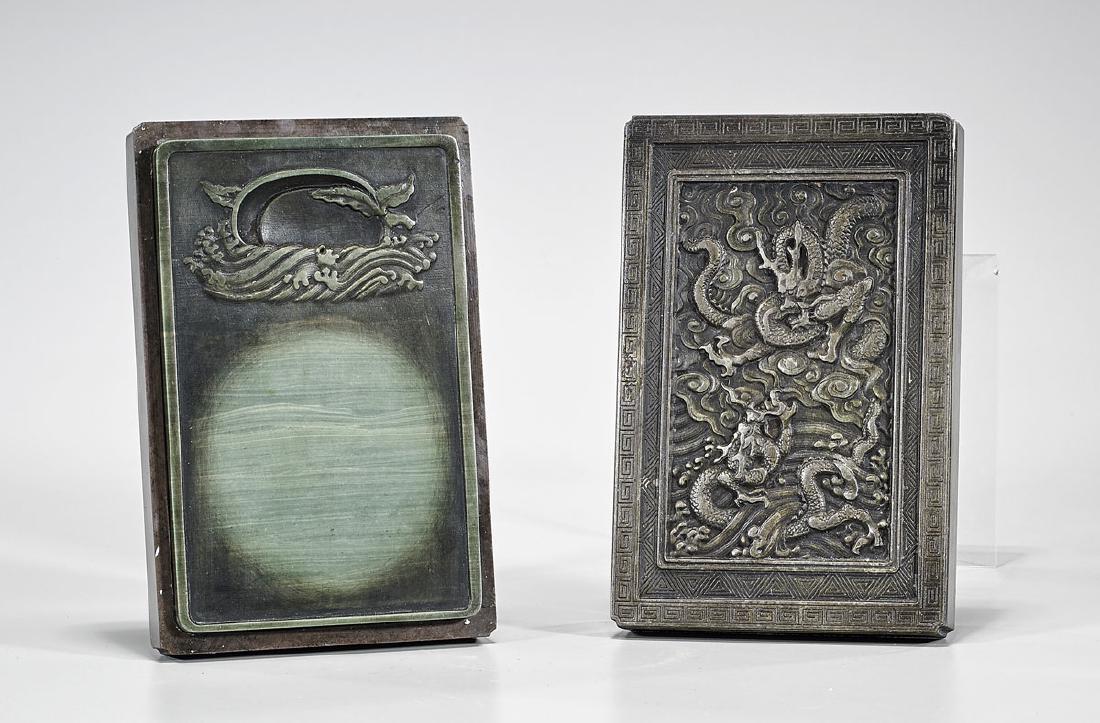 Chinese Carved Inkstone: Chinese carved inkstone; inscription to base; H: 6" (approx.); with 'dragon' cover