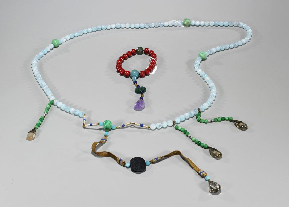 Chinese Carved Hardstone Jewelry Pieces: Chinese carved hardstone jewelry pieces; bead necklace and bracelet; each pending tassels; L: 45 1/2" (longest, approx.)