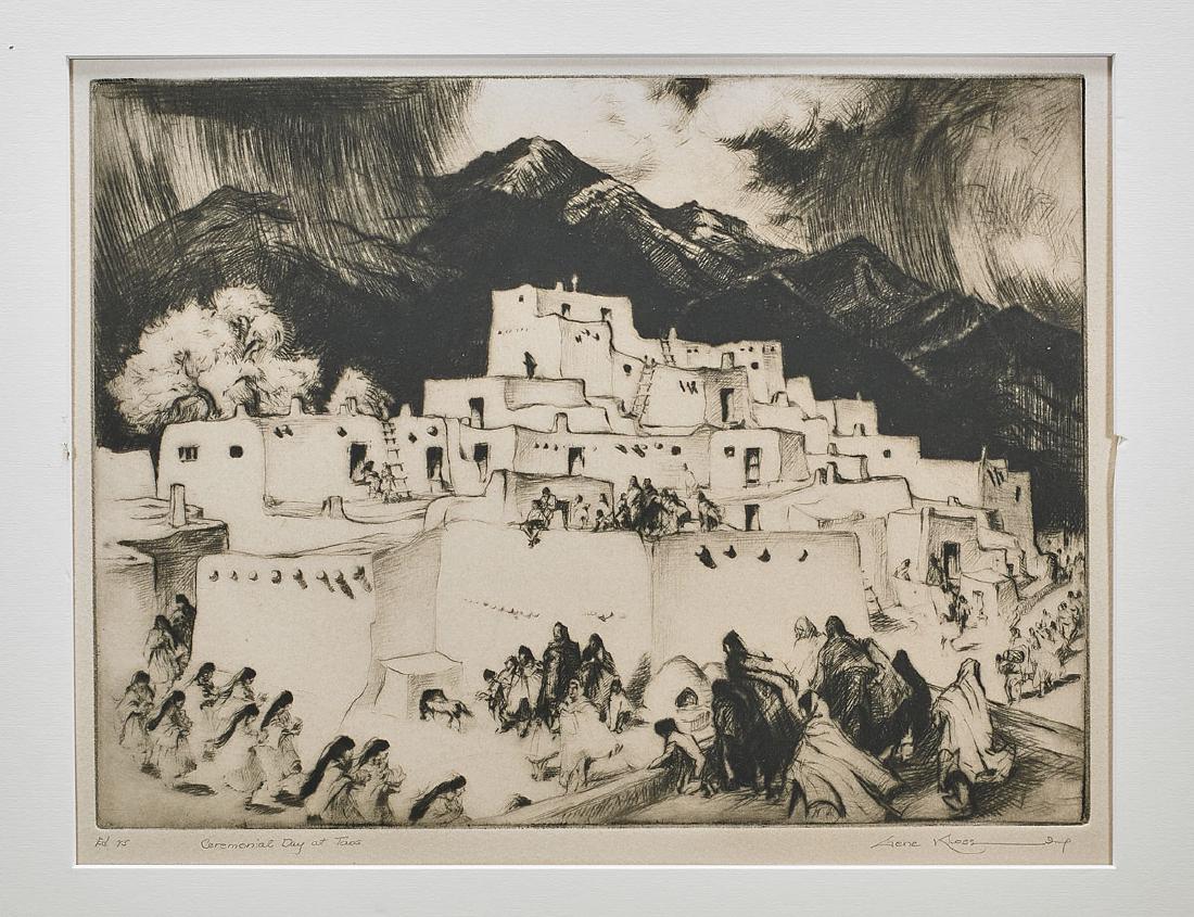 Etching By Gene Kloss: Etching by Gene Kloss (American, 1903-1996); titled Ceremonial Day at Taos; signed to lower right, and editioned 75; 13 3/4" x 17 3/4" (sheet, approx.)