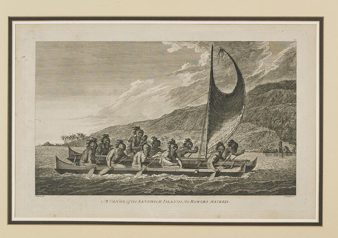 Group of Four Antique Engravings: Group of four antique engravings: three by William Sharp after John Webber titled, A Dance in Otaheite, The Inside of a House in Nootka Sound, and Poulaho, King of the Friendly Islands, Drinking Kava;