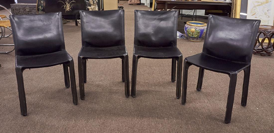 Set of Four Cassina Black Leather Chairs: Set of four Cassina black leather chairs; marks impressed to undersides; 32" x 18 1/2" x 17" (approx.)
