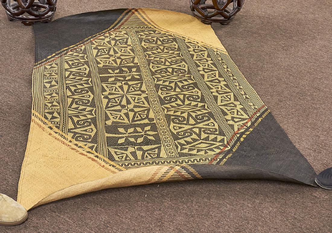 Indonesian Woven Basketry Mat: Indonesian woven basketry mat; inscription to verso; 72" x 44" (approx.)
