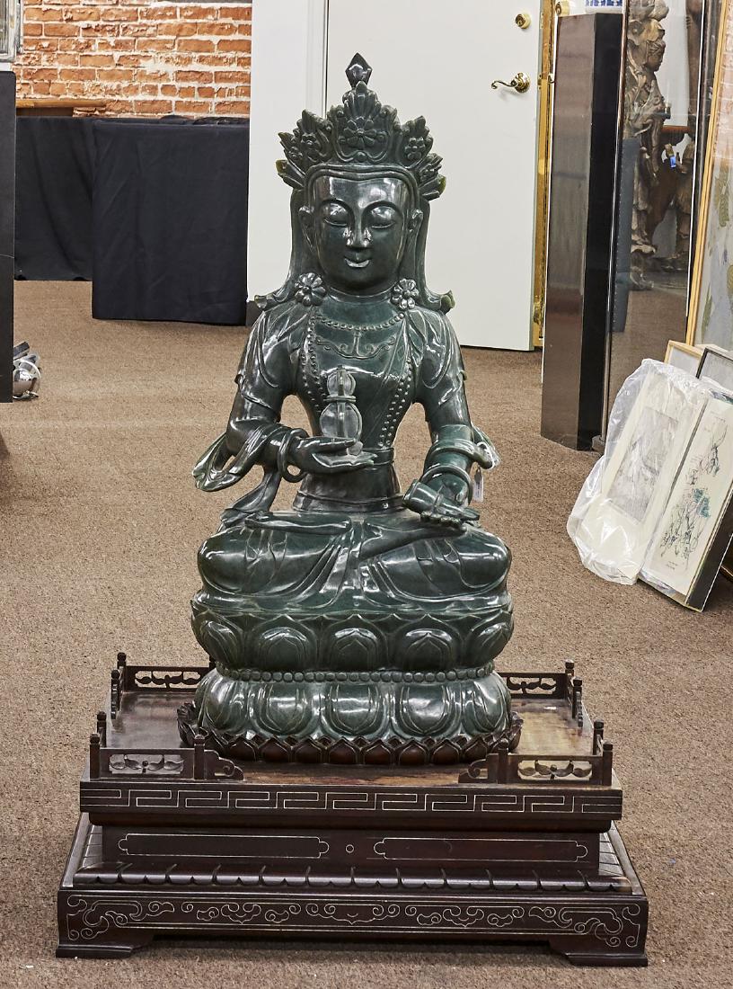 Massive Chinese Carved Spinach Jade Figure of Guanyin