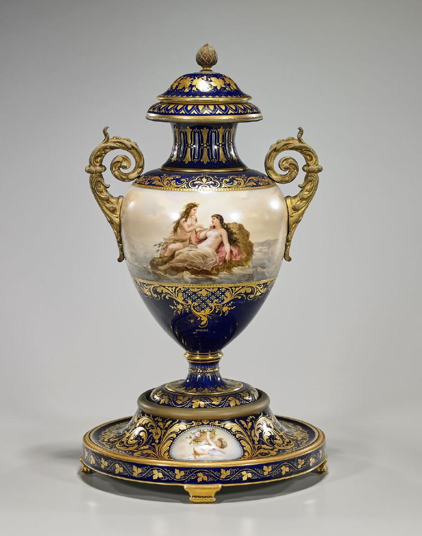 Antique Vienna-Style Ormolu-Mounted Porcelain Vase: Antique Royal Vienna-style ormolu-mounted porcelain covered vase; centering a painted figural scene, signed Jäger Pinx, titled Undine to one side, Allegorie des Mittelmeeres to the other; surroun