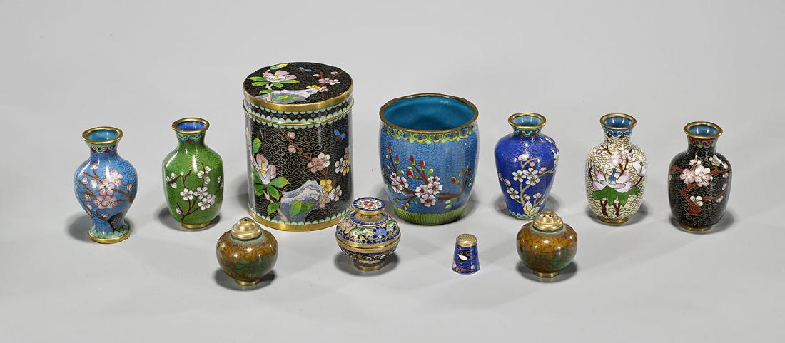Group of Various Small Chinese Cloisonne Enamel Pieces: Group of eleven various small Chinese cloisonné enamel pieces, including: thimble; salt and pepper shaker; five vases; covered vessel; cup; together with cylindrical covered box; H: 4" (tallest