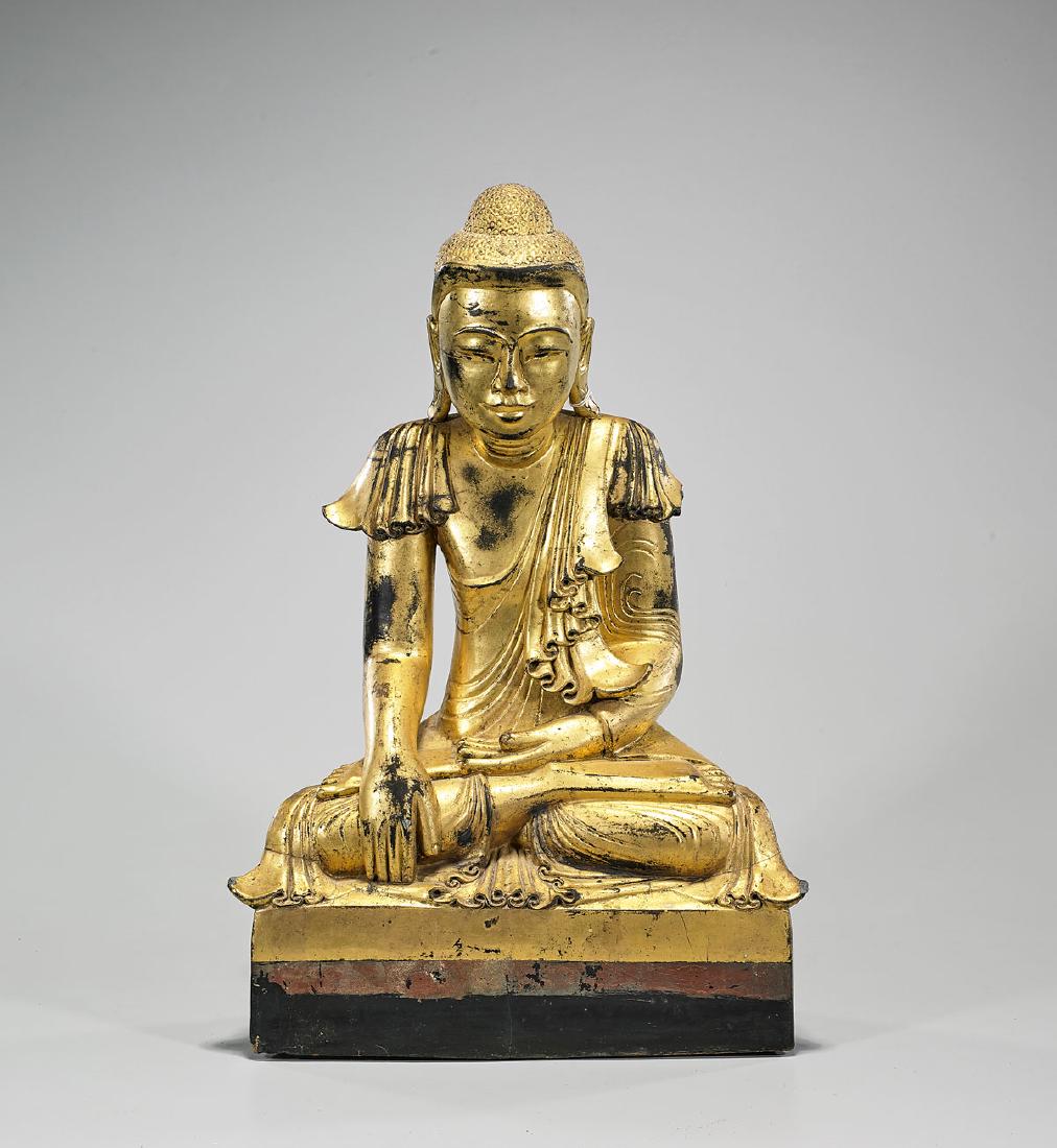 Antique Burmese Gilt Wood Buddha: Antique Burmese gilt wood seated Buddha; H: 18 1/2" (approx.)