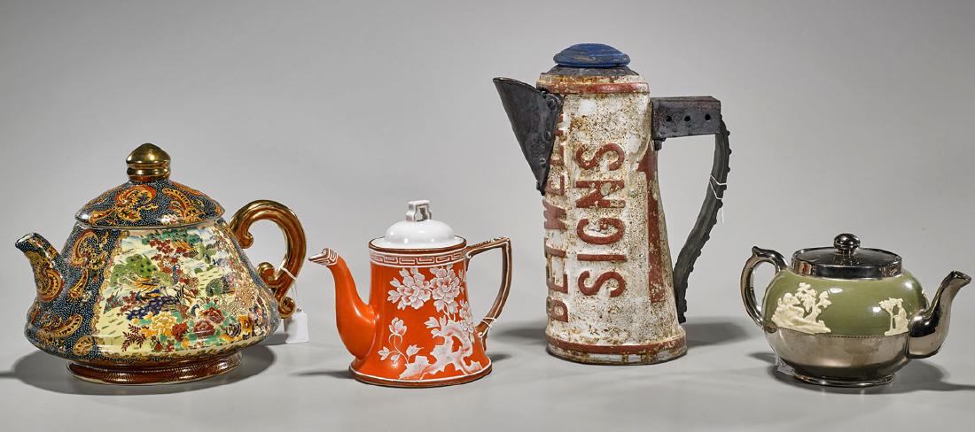Group of Four Various Teapots: Group of four various covered teapots: metal, by Steve Hansen; together with three ceramics, one by Gibson Teapot; L: 11 1/2" (longest, approx.)
