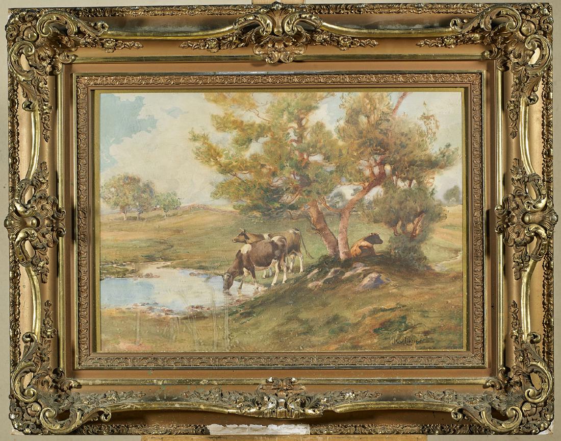 Watercolor By John Wesley Little: Watercolor by John Wesley Little (American, 1867-1923); depicting a pastoral scene; signed to lower right; 16" x 23" (sight, approx.); framed