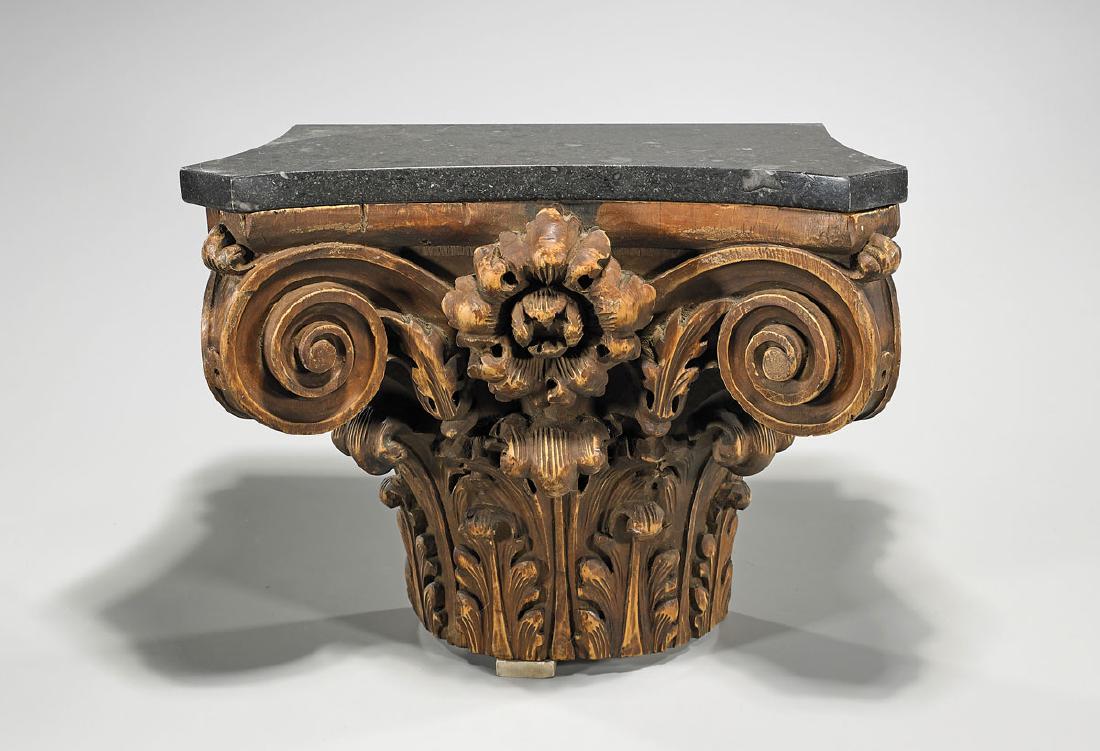 Antique Carved Wood Capital-Form Wall Corbel: Antique carved wood capital-form wall corbel; L: 18" (approx.); with stand
