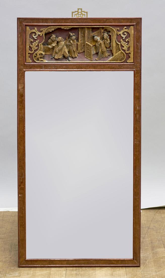Antique Chinese Carved & Gilt Wood Panel: Antique Chinese carved and gilt figural wood panel; set above a later mirror within a frame; Provenance: Collection of John B. Wickman; 39" x 19" (approx.)