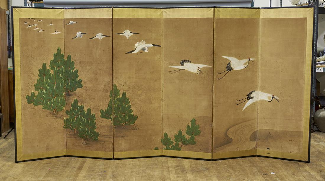 Large Japanese Six-Panel Painted Screen (1 of 1)