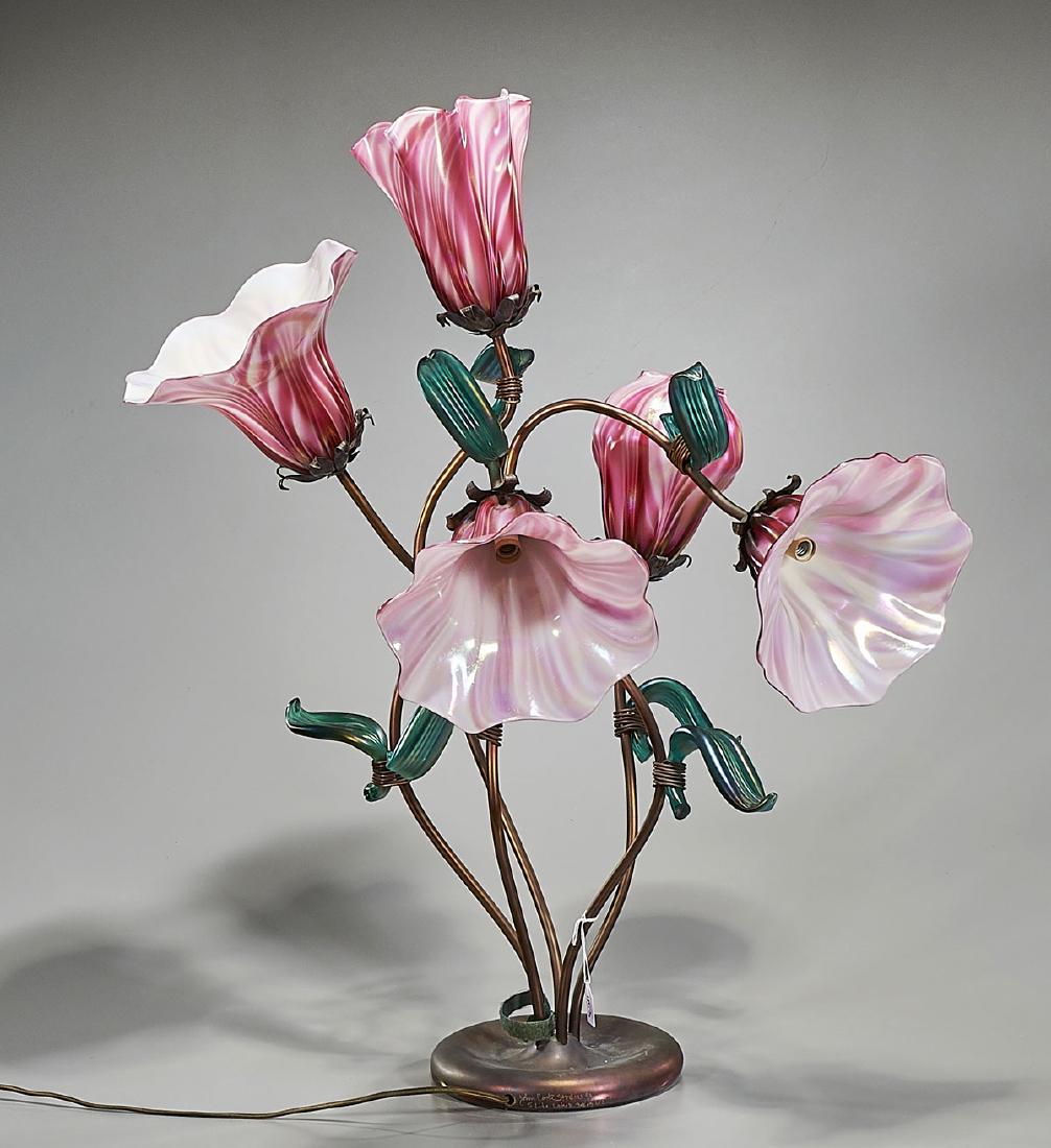 Five-Light Art Glass & Metalwork Lamp By John Cook: Five-light art glass and metalwork lamp by John Cook Studio; signed, dated '99, and numbered 38/150; H: 27" (approx.)