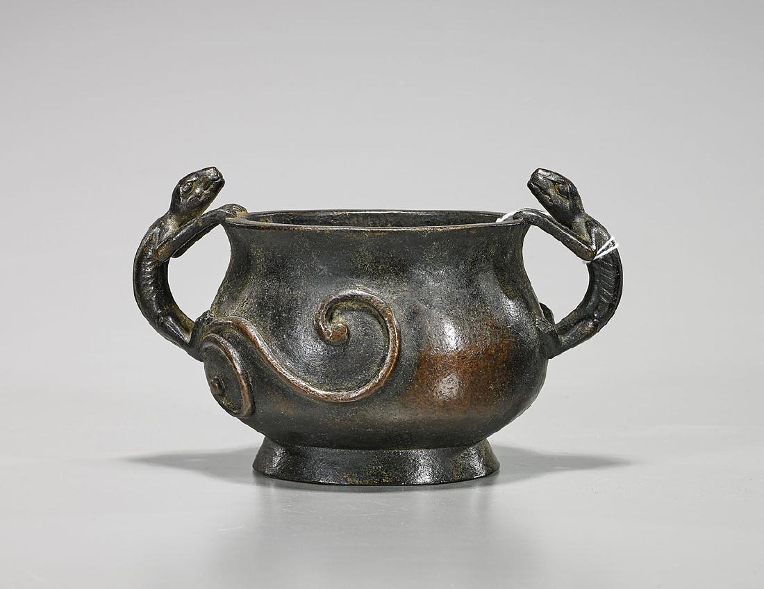 Chinese Bronze Censer: Chinese bronze censer; with animal-form handles; mark to base; L: 7" (approx.)