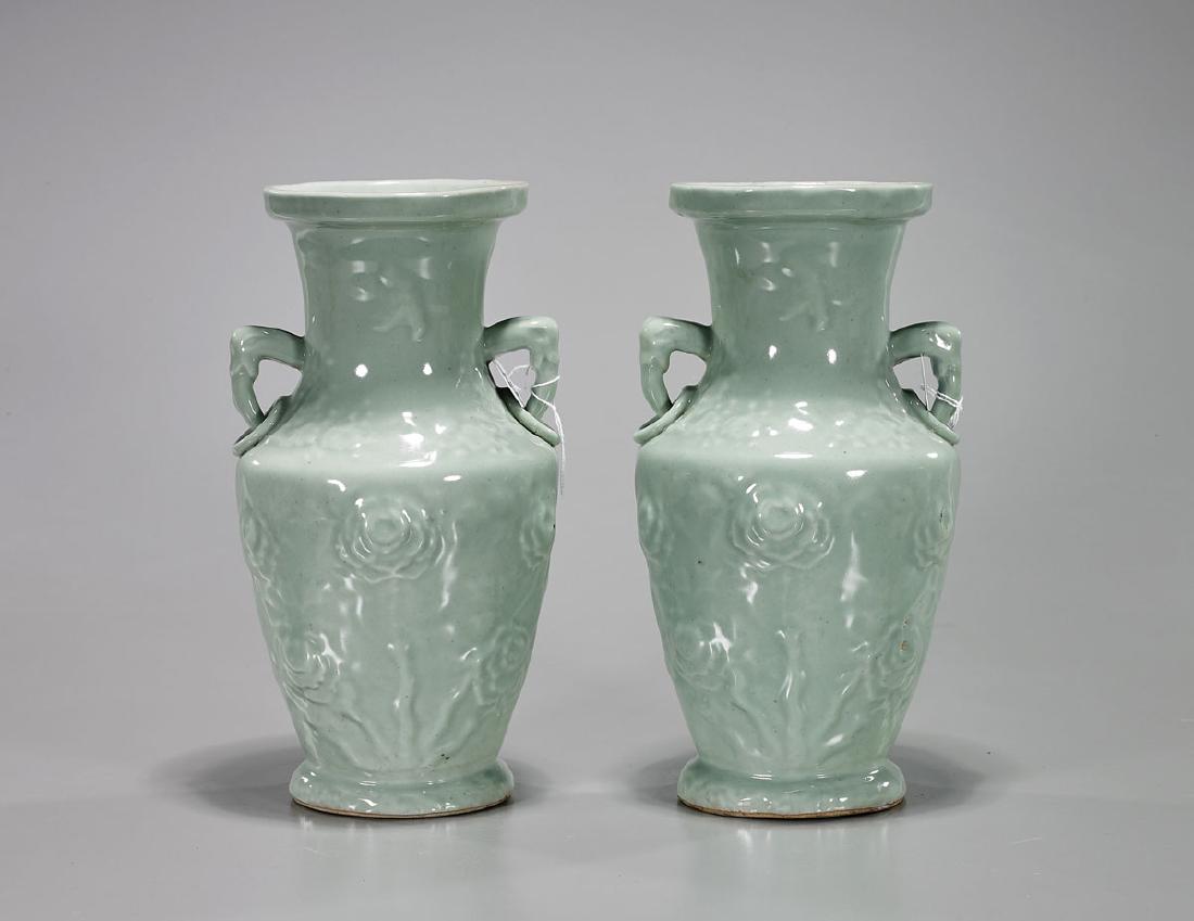 Pair Antique Chinese Celadon Glazed & Moulded Vases (1 of 1)